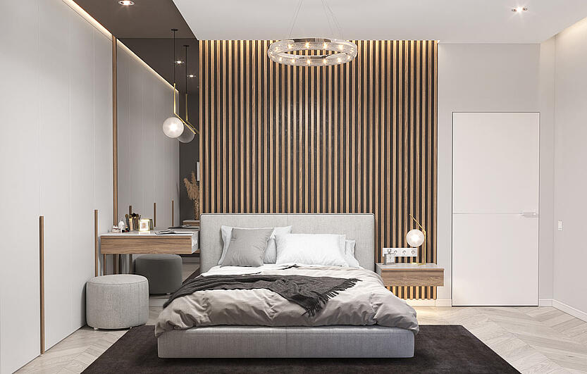 modernes Schlafzimmer mit Akustikpaneel an der Wand
